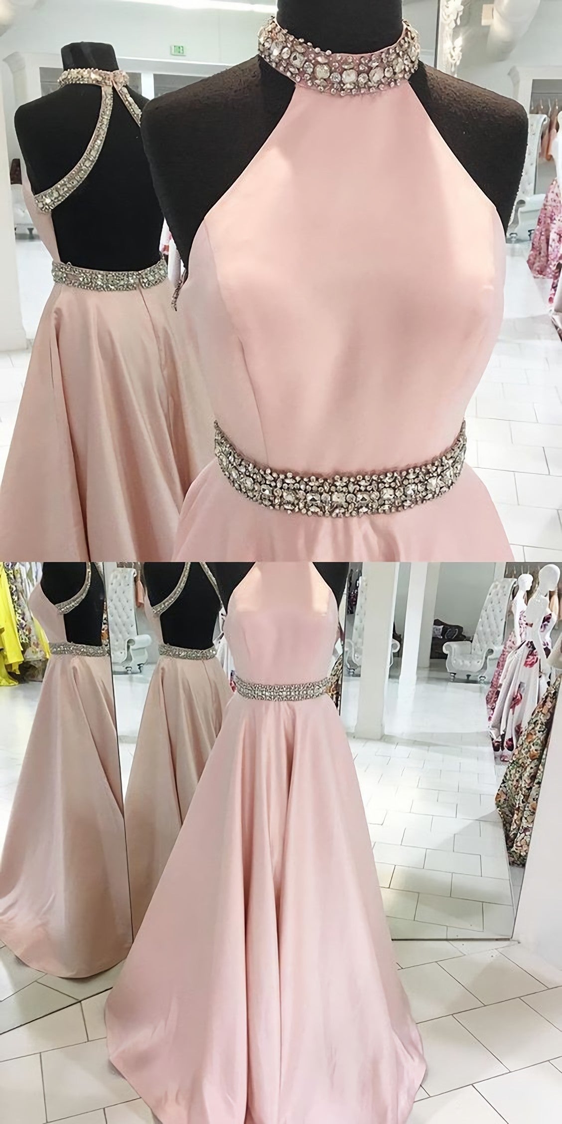 Homecoming Dresses Long, Pink Backless Halter Simple Handmade Plus Size Elegant Prom Dresses