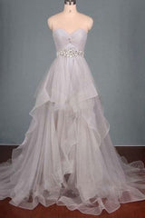 Evening Dresses Floral, 2024 Custom Made Silver Sweetheart Beading Layered Sleeveless Pegeant Prom Dresses