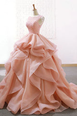 Prom Dress Styling Hair, Puffy Tulle Long Prom Dress with Beading, A Line Sleeveless Party Gown