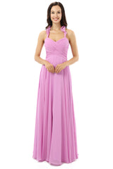 Bridesmaid Dresses Designer, Purple Chiffon Halter Backless With Pleats Bridesmaid Dresses