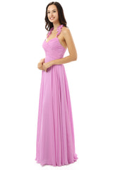 Bridesmaid Dresses Designs, Purple Chiffon Halter Backless With Pleats Bridesmaid Dresses