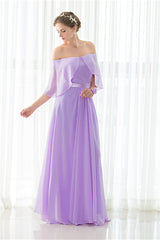 Party Dress For Teens, Purple Chiffon Off The Shoulder Long Bridesmaid Dresses