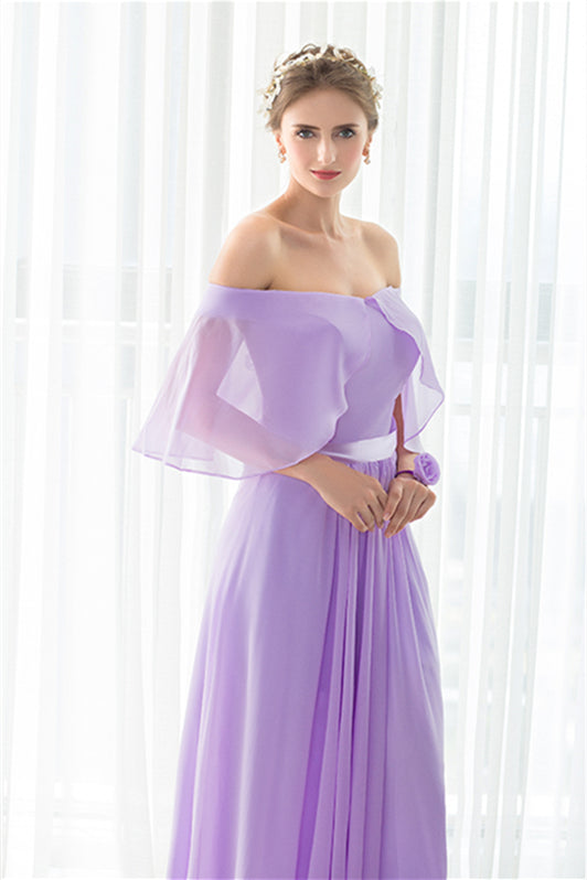 Party Dresses For Teen, Purple Chiffon Off The Shoulder Long Bridesmaid Dresses