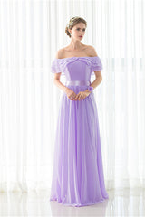 Party Dresses Outfit Ideas, Purple Chiffon Off The Shoulder Long Bridesmaid Dresses