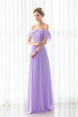 Party Dress Outfits Ideas, Purple Chiffon Off The Shoulder Long Bridesmaid Dresses