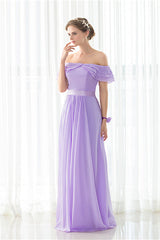 Party Dresses Casual, Purple Chiffon Off The Shoulder Long Bridesmaid Dresses