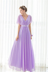 Party Dress Prom, Purple Chiffon V-neck Backless Pleats Long Bridesmaid Dresses