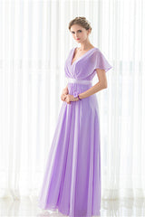 Party Dresses Prom, Purple Chiffon V-neck Backless Pleats Long Bridesmaid Dresses