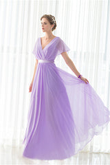 Party Dresse Idea, Purple Chiffon V-neck Backless Pleats Long Bridesmaid Dresses