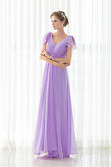 Party Dress Aesthetic, Purple Chiffon V-neck Backless Pleats Long Bridesmaid Dresses