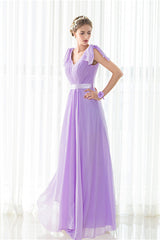 Party Dresses Black, Purple Chiffon V-neck Backless Pleats Long Bridesmaid Dresses