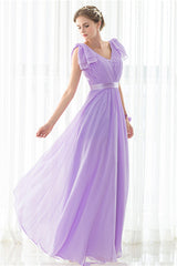 Party Dress Size 166, Purple Chiffon V-neck Backless Pleats Long Bridesmaid Dresses