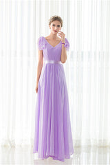 Party Dress Size 170, Purple Chiffon V-neck Backless Pleats Long Bridesmaid Dresses