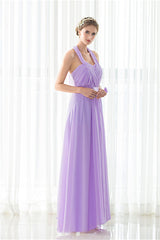 Party Dress New Look, Purple Halter Chiffon Backless Pleats Long Bridesmaid Dresses