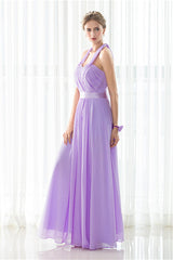 Party Dress For Wedding, Purple Halter Chiffon Backless Pleats Long Bridesmaid Dresses