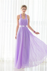Party Dresses For Wedding, Purple Halter Chiffon Backless Pleats Long Bridesmaid Dresses