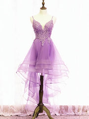 Prom Dresses For 42 Year Olds, Purple High Low Lace Prom Dresses, Light Purple High Low Lace Formal Homecoming Dresses
