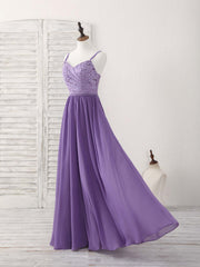 Formal Dress For Teen, Purple Lace Chiffon Long Prom Dress Purple Bridesmaid Dress