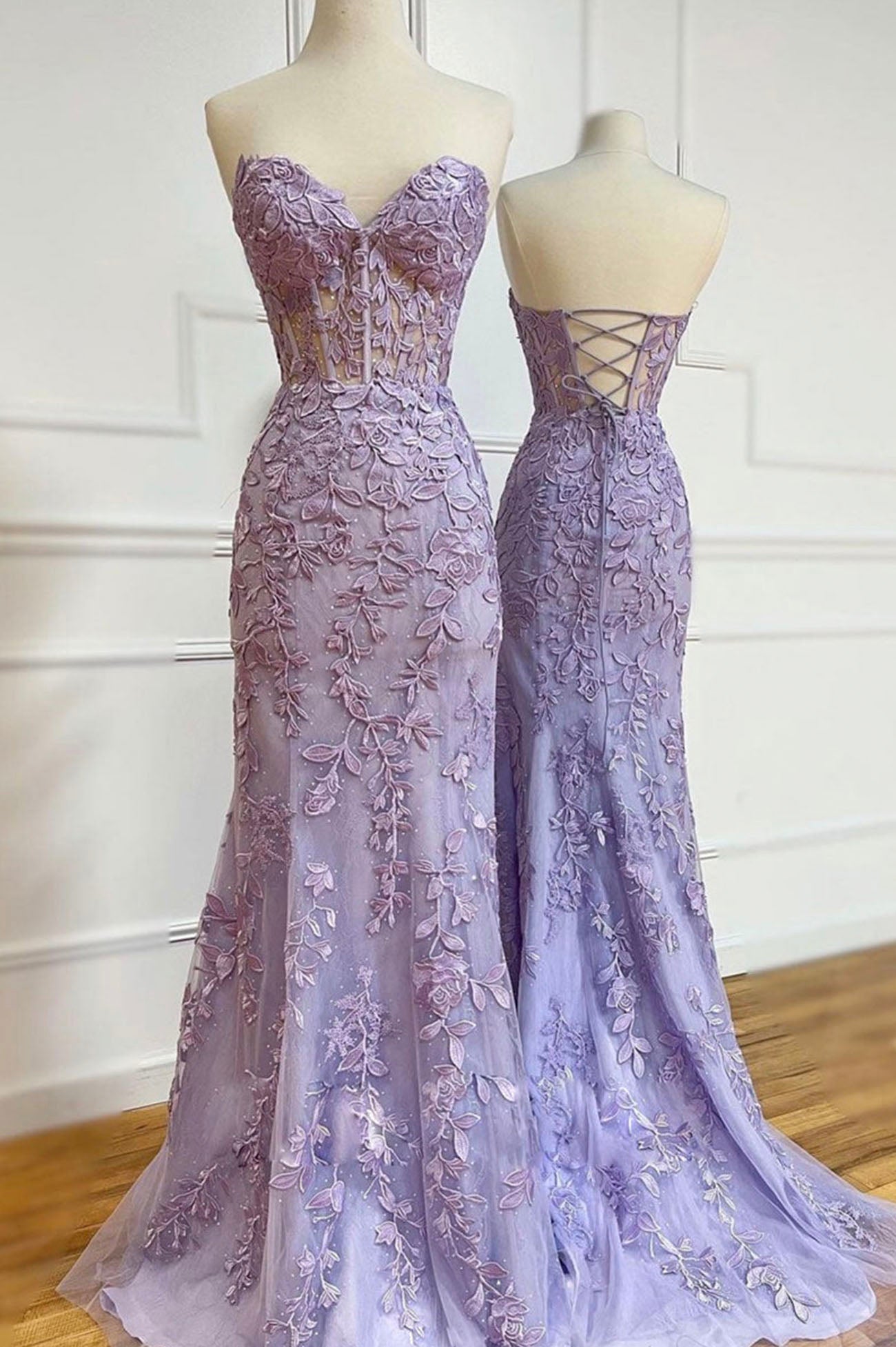 Party Dresses For Teen, Purple Lace Long Mermaid Prom Dresses, Strapless Evening Dresses