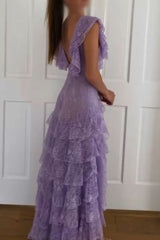 Prom Dress Inspiration, Purple Lace Long Prom Dress Backless Evening Dress Stunning Maxi Dress