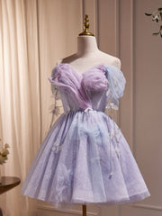 Black Prom Dress, Purple Off Shoulder  Tulle Short Prom Dress, Purple Homecoming Dress