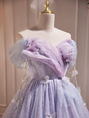 Prom Dresses White And Gold, Purple Off Shoulder  Tulle Short Prom Dress, Purple Homecoming Dress