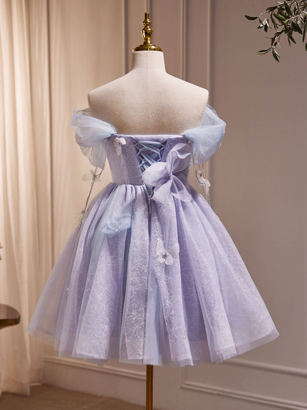 Prom Dresses Brown, Purple Off Shoulder  Tulle Short Prom Dress, Purple Homecoming Dress