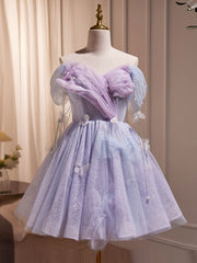 Pink Dress, Purple Off Shoulder  Tulle Short Prom Dress, Purple Homecoming Dress