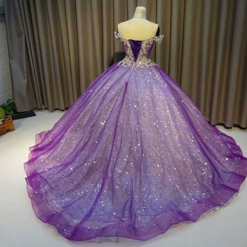 Party Dresses White, Purple Off The Shoulder Ball Gown Bling Bling Prom Dress