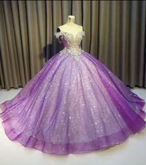 Party Dress Classy Christmas, Purple Off The Shoulder Ball Gown Bling Bling Prom Dress