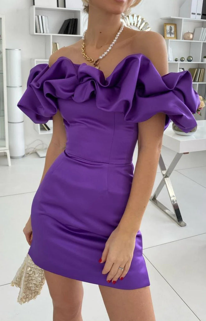 Prom Dress Sale, Purple Off the Shoulder Bodycon Homecoming Dresses Satin Maxi Cocktail Dress