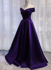 Formal Dresses With Sleeves For Weddings, Purple Satin Off Shoulder Long Prom Dress,A-line Simple Women Formal Dresses