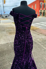 Sparklie Prom Dress, Purple Sequin Off-the-Shoulder Lace-Up Mermaid Prom Dresses Evening Gowns