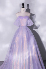Prom Dresses Long, Purple Sequins Long A-Line Prom Dress, Off the Shoulder Evening Party Dress
