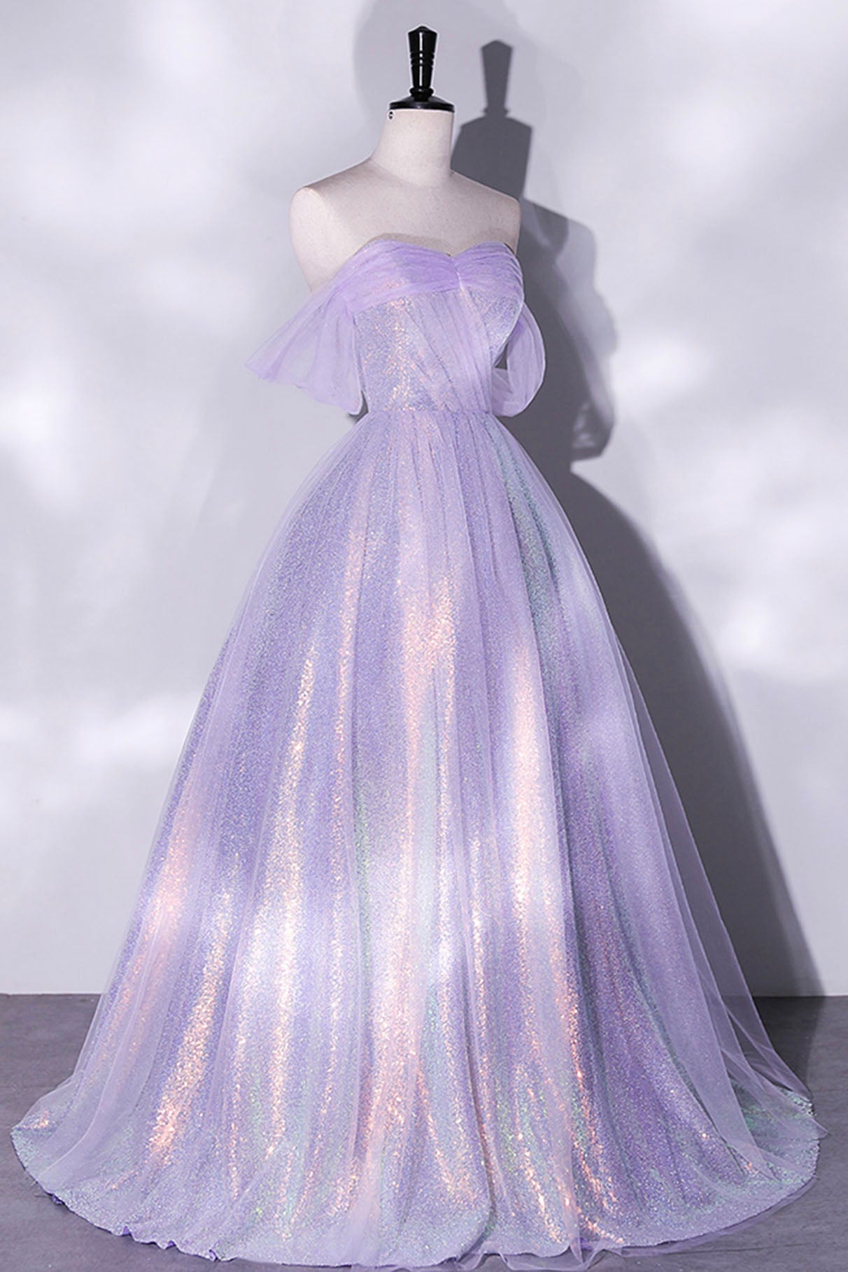 Prom Dresses Short, Purple Sequins Long A-Line Prom Dress, Off the Shoulder Evening Party Dress