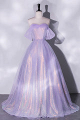 Hoco, Purple Sequins Long A-Line Prom Dress, Off the Shoulder Evening Party Dress
