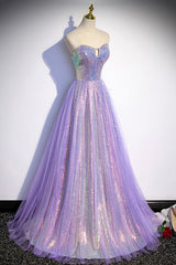 Prom Dress2023, Purple Sequins Long A-Line Prom Dress, Purple Strapless Evening Graduation Dress