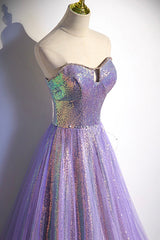 Prom Dressed 2023, Purple Sequins Long A-Line Prom Dress, Purple Strapless Evening Graduation Dress