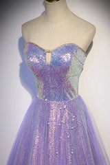 Prom Dresses2023, Purple Sequins Long A-Line Prom Dress, Purple Strapless Evening Graduation Dress