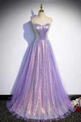 Prom Dress On Sale, Purple Sequins Long A-Line Prom Dress, Purple Strapless Evening Graduation Dress
