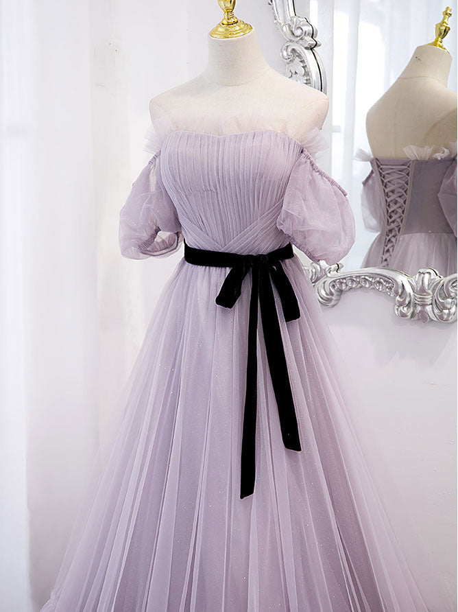 Homecoming Dresses Pockets, Purple tulle A line long prom dress, purple bridesmaid dress