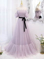 Homecomming Dresses Fitted, Purple tulle A line long prom dress, purple bridesmaid dress