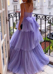 Prom Dresses For Teens, Purple Tulle A-line Spaghetti Straps Prom Dresses, Long Formal Dress,dresses for party events