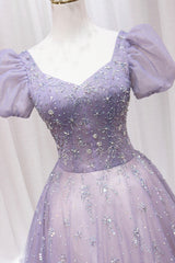 Dress Aesthetic, Purple Tulle Beaded Long Formal Dress, Cute A-Line Evening Dress