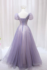 Mini Dress Formal, Purple Tulle Beaded Long Formal Dress, Cute A-Line Evening Dress