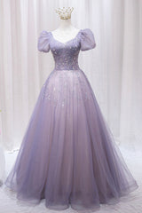 Club Outfit For Women, Purple Tulle Beaded Long Formal Dress, Cute A-Line Evening Dress