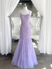 Bridesmaids Dress Styles Long, Purple tulle lace mermaid long prom dress, purple lace evening dress