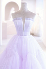 Bridesmaid Dress Designs, Purple Tulle Long A-Line Prom Dress, A-Line Strapless Evening Gown