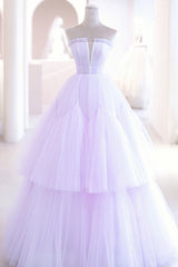 Bridesmaid Dresses Designer, Purple Tulle Long A-Line Prom Dress, A-Line Strapless Evening Gown