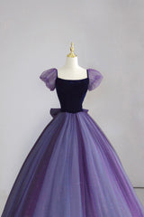 Night Dress, Purple Tulle Long Prom Dress with Velvet, Cute A-Line Short Sleeve Evening Dress